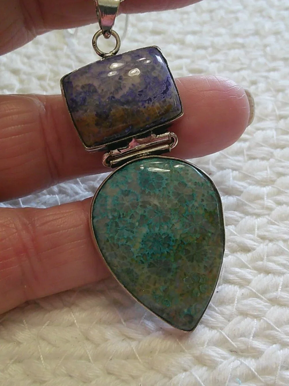 Gorgeous PURPLE & TEAL FOSSIL CORAL Handmade Sterling 925 Pendant/Chain #79F